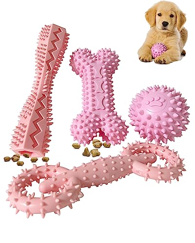 4 Pack Puppy Teething Chew Toys for Small Medium Dogs Pink Girl Dog Toy Set | 2-8 Months Puppies Ball Rubber Bone Cute Soft Durable Interactive Treat Dispensing Dental Care Teeth Clean - color: Pink