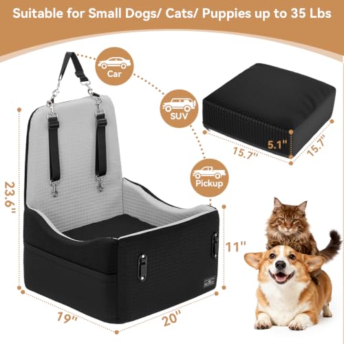 PETSFIT Dog Car Seat for Small/Medium Dogs Up to 35 lbs – Patented Safety System, 5" Memory Foam Pet Booster Car Seat, Fully Detachable and Washable Dog Carseat with 2 Storage Pockets (Black & Grey) - color: Black/Grey