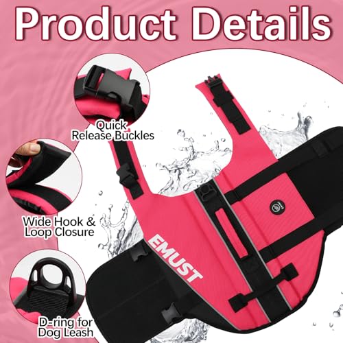 EMUST Dog Life Vests, Adjustable XS Dog Life Jacket with Rescue Handle, Puppy Flotation Vest for Small/Medium/Large Dogs, Rosepink, XS - color: Rose Pink, size: XS
