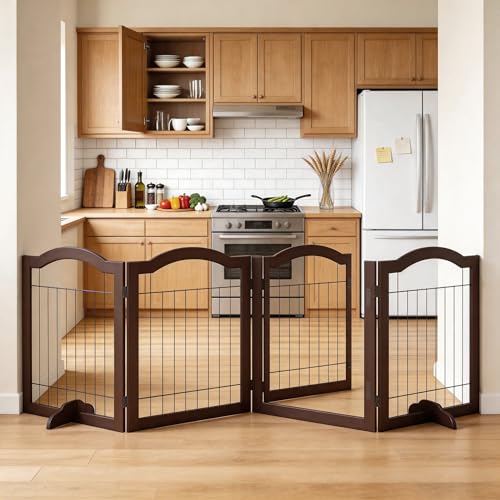 Vantas 96 x 30 inches Foldable Wooden Pet Gate with Door, Espresso | Walk-Through Easy, Freestanding, Extra Wide, Easy Storage, Easy to Move - color: Espresso, size: 【4-Panel with Door】96"W x 30"H