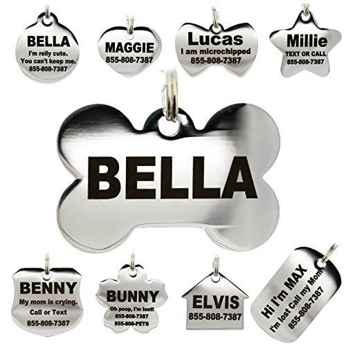 Stainless Steel Pet ID Tags - Engraved Personalized Dog Tags, Cat Tags Front & Back up to 8 Lines of Text – Bone, Round, Heart, Flower, Badge, House, Star, Rectangle, Bow Tie - size: Small