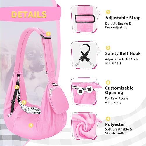 SlowTon Dog Carrier Sling - Thick Padded Shoulder Strap Adjustable Dog Carriers for Small Dogs, Puppy Carrier Purse for Pet Cat with Front Zipper Pocket Safety Belt Machine Washable (Light Pink, M) - color: G-Pink Knitted Fabric