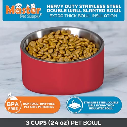 Master Pet Supply Stainless Steel Slanted Dog Cat Food Bowl - 24 oz Heavy Duty - Crimson Flame, Double Wall Insulated, Non-Slip Elevated Bowl for French Bulldogs Pugs Cats, Anti Rust Dishwasher Safe - color: Crimson Flame, size: 3 Cups (24 oz)