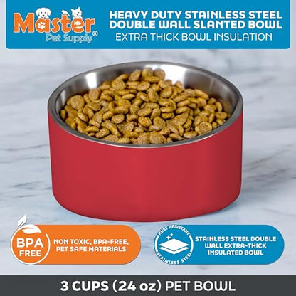 Master Pet Supply Stainless Steel Slanted Dog Cat Food Bowl - 24 oz Heavy Duty - Crimson Flame, Double Wall Insulated, Non-Slip Elevated Bowl for French Bulldogs Pugs Cats, Anti Rust Dishwasher Safe - color: Crimson Flame, size: 3 Cups (24 oz)