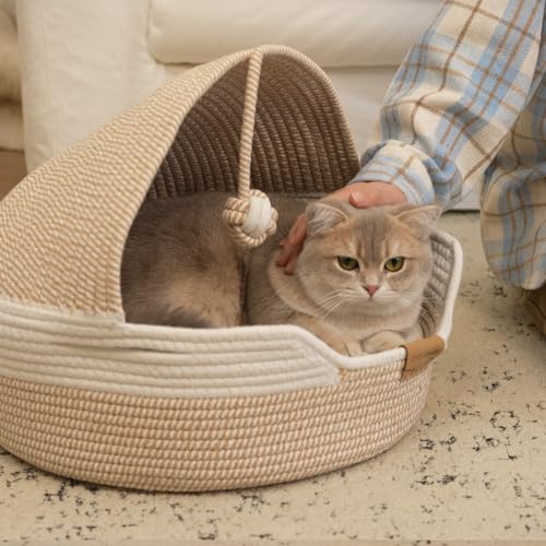 CHEERPALS Cat Basket Bed with Washable Cushion and Ball Rope Cotton, Covered Pet Bed for Indoor Cats Cave Bed Hooded, Stimulicat Cat Bed Handwoven Breathable, All Season Universal(White) - color: White