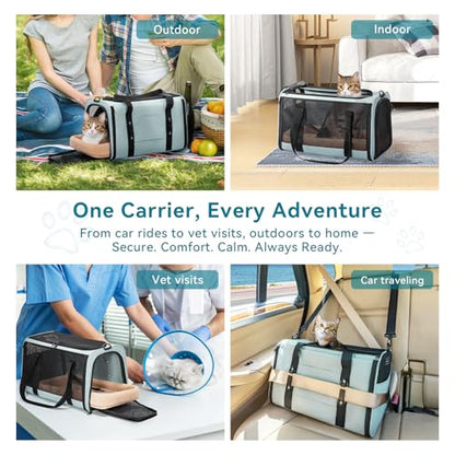 PETSFIT Soft-Sided Cat Carrier with Patented Safety Buckles, Lockable Zippers & Safety Tether,Escape-Resistant Travel Pet Carrier for Car Rides & Vet Visits, Airline Approved Under-Seat, Up to 12 lbs - color: Cyan blue, size: 18.0"L x 11.0"W x 11.0"H