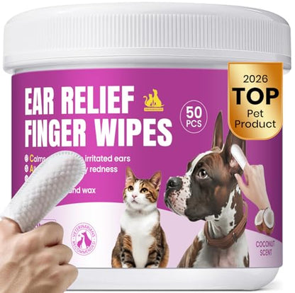Pet Ear Cleaning Finger Wipes for Dogs & Cats - Dog Ear Cleaner with Aloe, Coconut Oil & Ginseng - Finger Dog Ear Wipes to Relieve Ear Itching, Infections, Wax & Smelly Ears - 50 Ct - Coconut Scent - color: 3.Ear-Coconut, size: 50 Ct
