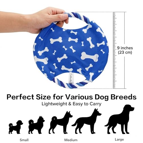 Dog Rope Flying Disc Toy with Squeaker | Durable Canvas Center & Braided Cotton Rope Ring | 2-in-1 Fetch & Tug Interactive Toy for Small & Medium Dogs | 9 Inch