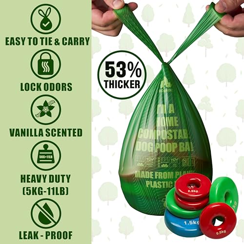 Ultra Thick & Deep RockRhino Dog Poop Bags for Large & XL Breeds | 4-Layer Interlocked Bottom | 100% Home Compostable, 0% Plastic | Vanilla-Scented | 60 Bags, Easy Open Tie Handles, Not for Scooper - size: 60 Count (Pack of 1)