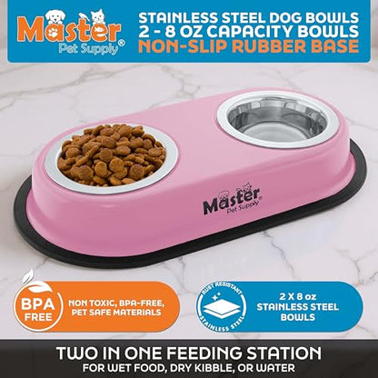 Master Pet Supply Double Dog Bowls Set with Elevated Base and 2 (8 oz) Stainless Steel Removable Dishes (Hyper Pink) – Double Cat Food Water Bowl, Dog Puppy Food Bowl Set, Rust Resistant - color: Hyper Pink