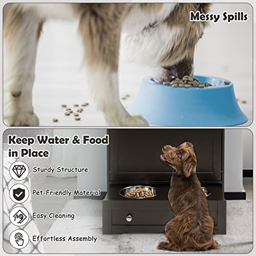 Dog Feeding Station with Double Bowls, Large Pull Out Dog Feeder & Food Storage (Brown) - color: Brown