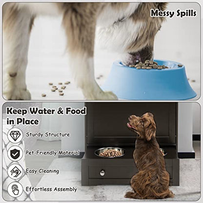 Dog Feeding Station with Double Bowls, Large Pull Out Dog Feeder & Food Storage (Brown) - color: Brown