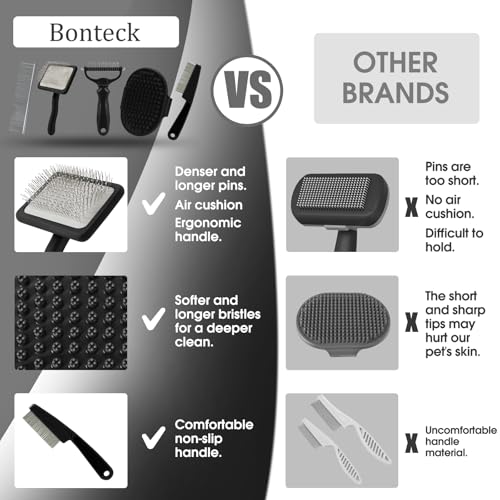 Bonteck Dog Slicker Brush for Dogs Grooming Kit 5PCS | Large Dog Brush for Goldendoodles Poodles Doodles | Long Pin Haired Brush | Poodle Brushes and Comb (Black) - color: Black