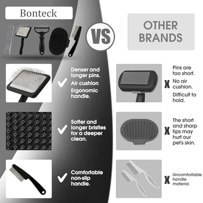 Bonteck Dog Slicker Brush for Dogs Grooming Kit 5PCS | Large Dog Brush for Goldendoodles Poodles Doodles | Long Pin Haired Brush | Poodle Brushes and Comb (Black) - color: Black