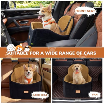 Dog Car Seat for Medium/Small Dogs, Dog Booster Car Seat, Pet Booster Seats Up to 40lbs with Waterproof Layer, 3 Storage Pockets and Safety Belt (Black/Brown) - color: Black/Brown