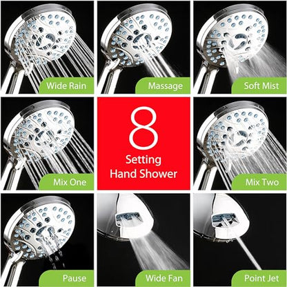 Hotel Spa AquaCare for California As-Seen-On-TV High Pressure Handheld Rain 50-mode 3-way Shower Head Combo with Adjustable Arm, Anti-clog Jets, Tub & Pet Power Wash, 6 ft. Stainless Steel Hose - color: All-Chrome, style: 1.8 Gallons Per Minute