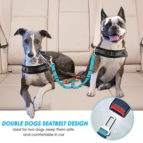 SlowTon Dog Seat Belt, Double Dog Seatbelt Adjustable Vehicle Safety Leash with Elastic Bungee Buffer, Reflective No Tangle Y Shape Two Dog Harness Seat Belt Splitter for Pets Car Trip (Mint Blue, M) - color: C.Mint Blue, size: 2 Medium in 1