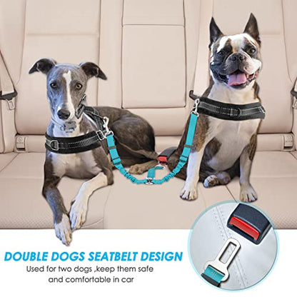 SlowTon Dog Seat Belt, Double Dog Seatbelt Adjustable Vehicle Safety Leash with Elastic Bungee Buffer, Reflective No Tangle Y Shape Two Dog Harness Seat Belt Splitter for Pets Car Trip (Mint Blue, M) - color: C.Mint Blue, size: 2 Medium in 1