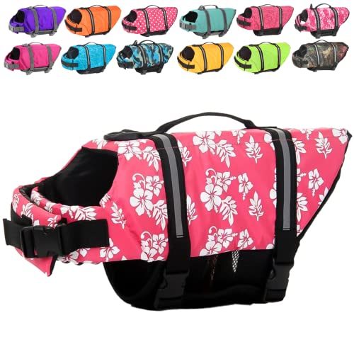 Doglay Dog Life Jacket with Rescue Handle, Dog Life Vest for Swimming Boating, Adjustable Reflective Puppy Swim Vest with Superior Buoyancy for Small Medium Large Dogs - color: Pink Flower, size: XX-Small