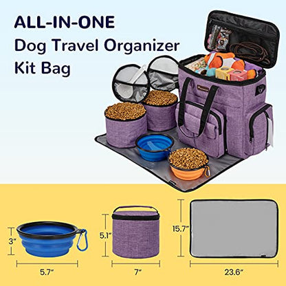 Modoker Dog Travel Organizer Carriers for Supplies & Accessories, Airline Approved Cat Pet Travel Bag, 2 Collapsible Bowls, 2 Travel Dog Food Container, Purple - color: Soft Purple