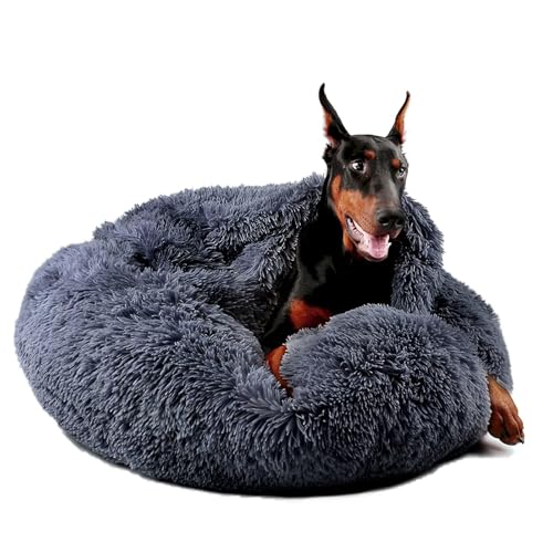 Himax Dog Beds for Large Dogs, Donut Dogs Beds with Blanket Attached, Calming Dog Bed Washable (20"/26"/35") Grey - color: Grey, size: 35.0"L x 35.0"W x 10.0"Th