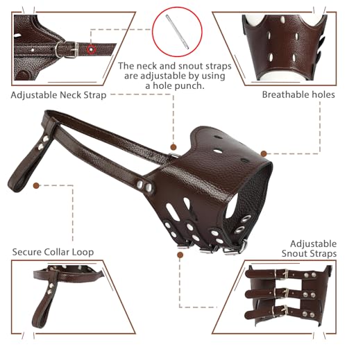 BARKLESS Dog Muzzle Leather, Soft Secure Anti-Barking Leather Muzzle for Large Sized Dogs to Prevent Biting, Breathable and Adjustable, Allows Drinking and Panting, Used with Collars - color: Brown, size: L (Snout Cir: 9.5"-11.75")