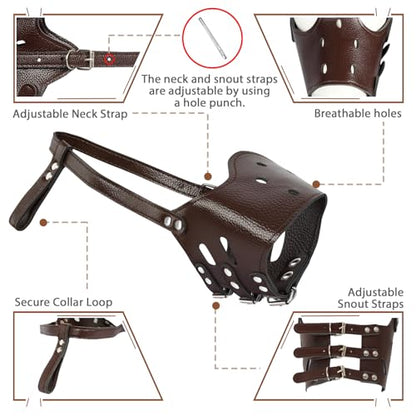 BARKLESS Dog Muzzle Leather, Soft Secure Anti-Barking Leather Muzzle for Large Sized Dogs to Prevent Biting, Breathable and Adjustable, Allows Drinking and Panting, Used with Collars - color: Brown, size: XL (Snout Cir: 11"-13.75")