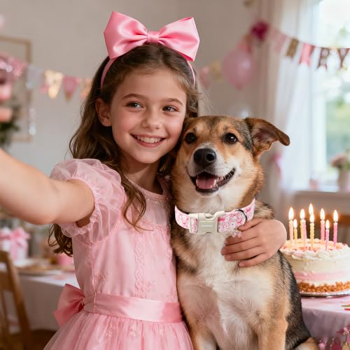 DOGWONG Pink Plaid Dog Collar-Cute Pink Bowtie Print Dog Collar, Adjustable Cotton Girl Female Pet Collar Pink Puppy Collars with Quick Release Buckle,XS - color: A: Pink bow, size: X-Small