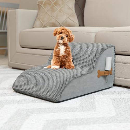 PAWZY Dog Stairs for Bed & Couch, 2-Step Foam Pet Steps 12” High for Small Dogs & Cats up to 60 lbs, Wide Non-Slip Stairs, Waterproof Washable Zipper Cover, No Assembly, Grey - 2 Pack - size: 2 Step