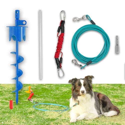 Dog Stakes for Outside Heavy Duty Hold up to 350Lbs Large Dogs Tie Out Tether Leash Chain for Yard Screw in Ground Anchors Set 17 inch with Buffer Rope, Blue with 25 FT Steel Cable - color: Blue－Gradient Spiral, size: 17IN Stake+25FT Cable