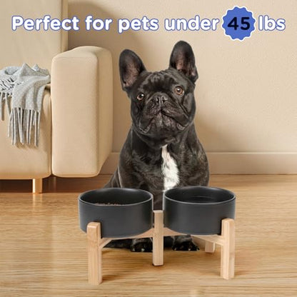 SPUNKYJUNKY Elevated Dog Bowls Ceramic, 6.1'' Dogs and Cat Food Water Bowls Raised with Non-Slip Bamboo Stand for Medium Sized Breed Microwave Dishwasher Safe - 28.7 OZ,Black - color: Black, size: 6.1 in - 3.6 cups