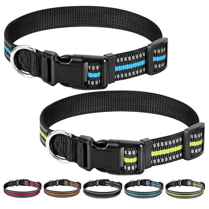 NOVKIN 2-Pack Reflective Dog Collar, Heavy Duty Nylon Pet Collars,Rust-Proof 304 Stainless Steel D-Ring, Break-Proof Buckle, High Visibility Adjustable Collar for M/L Dogs (Blue&Green, L) - color: Blue&Green, size: L