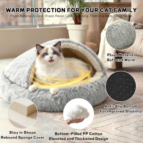 YUDANSI Calming Cat Beds for Indoor Cats - Plush Fluffy Hooded Cave Nest, Anti-Slip Self-Warming Pet Beds, Washable Built-in No-Collapsing Support (Grey-50cm/20in) - color: Non-removable-50cm
