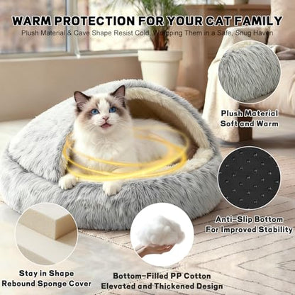 YUDANSI Calming Cat Beds for Indoor Cats - Plush Fluffy Hooded Cave Nest, Anti-Slip Self-Warming Pet Beds, Washable Built-in No-Collapsing Support (Grey-50cm/20in) - color: Non-removable-50cm