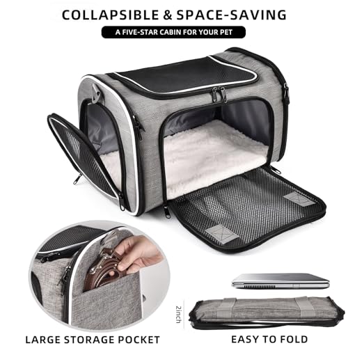 Cat Dog Carrier Soft for Small Medium Pet Up to 15 Lbs, Collapsible Portable Cat Travel Carrier, Airline Approved Small Dog Cat Carrier, Soft Sided Pet Carrier for Puppy Kitten (18x11x11) (Grey) - color: Grey