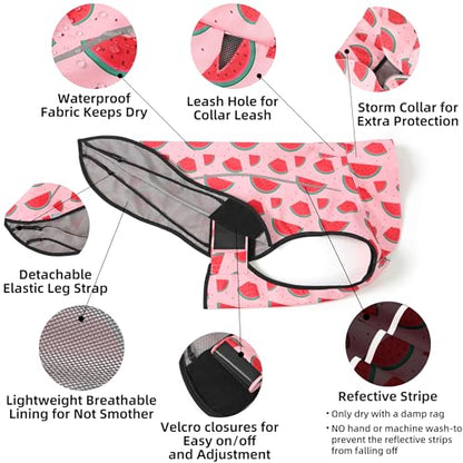 Mile High Life Dog Raincoat, Adjustable Waterproof Reflective Rain Jacket for Small Medium Large Dogs, Lightweight Breathable Pet Rain Coat with Leash Hole(Pink Watermelon,XXS Chest 16-19") - color: Pink Watermelon, size: XXS Chest 16"-19"