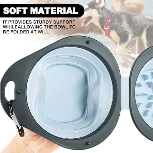 2-in-1 Blue Collapsible Dog Bowls with Carabiner | Foldable Water Bowl(320ml) Foldable Slow Food Bowl(130g) for Dogs Cats Travel Hiking Camping - color: Blue