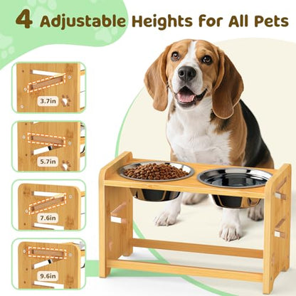 Elevated Dog Bowls, Adjustable Raised Dog Bowl Stand for Medium and Small Dog, 11" High Bamboo Pet Food Feeder with 2 Stainless Steel Dishes（4 Heights） - size: Medium/Small sized dogs