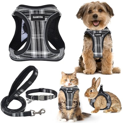 GAMUDA Small Dog Harness Collar and Leash Set, Step in No Chock No Pull Soft Mesh Adjustable Dog Vest Harnesses Plaid Reflective for Dogs Puppy Cats Kitten Rabbit (Black, S) - color: Black, size: S
