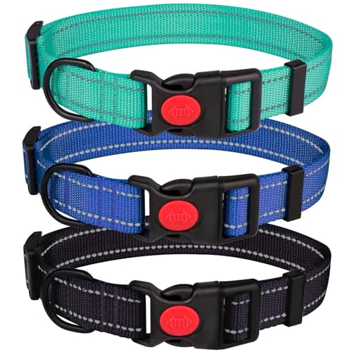 3 PCS Dog Collar for Large Dogs,Reflective Dog Collar Adjustable Soft Nylon with Safety Locking Buckle Boy Dog Collars,Black+Blue+Teal,L - color: Black+Blue+Teal, size: L:17-25",width 1"