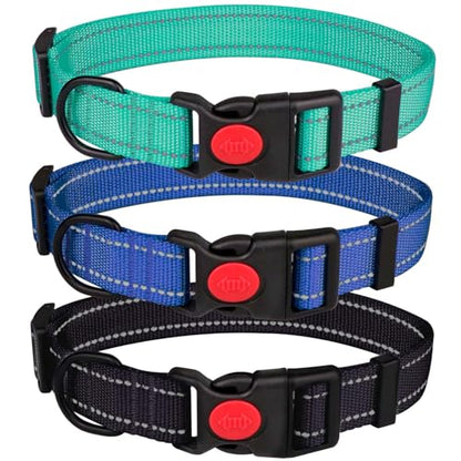 3 PCS Dog Collars for Medium Dogs,Reflective Dog Collar Adjustable Soft Nylon with Safety Locking Buckle Boy Dog Collars,Black+Blue+Teal,M - color: Black+Blue+Teal, size: M:14-20",width 1"