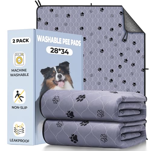 Fostanfly Washable Pee Pads for Dogs, 2 Pack 28''x34'' Large Ultra-Absorbent and Leak-Proof Non-Slip Reusable Potty Training Pads for Dogs, Puppy, Potty Buddy and Cats of Add 8 Lanyards - color: Gray, size: 28*34 Inch (Pack of 2)