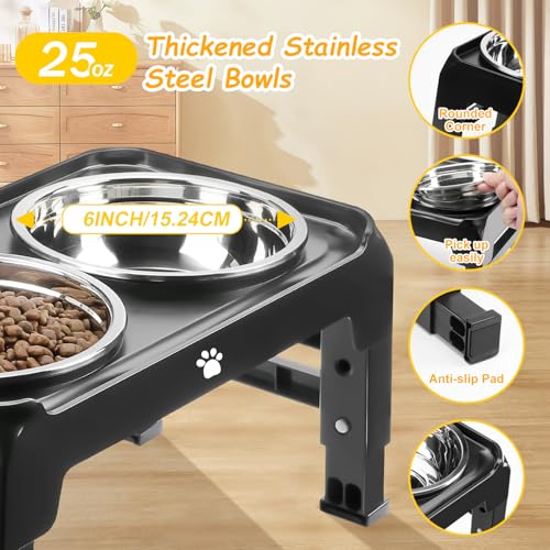 Elevated Dog Bowls 3 Height Adjustable Raised Bowl Stand with 25oz Stainless Steel Dog Food Bowls Anti-Slip for Small Dogs Adjusts to 7.5", 6", 2.75", Black - color: Black, size: Small dogs