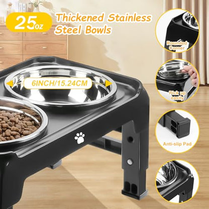 Elevated Dog Bowls 3 Height Adjustable Raised Bowl Stand with 25oz Stainless Steel Dog Food Bowls Anti-Slip for Small Dogs Adjusts to 7.5", 6", 2.75", Black - color: Black, size: Small dogs