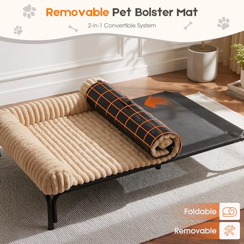 Elevated Dog Bed with Removable Fluffy Pillow Cushion, Raised Pet Cot Washable Bolster, Dog Couch Sofa, Anti Slip Feet, Breathable Mesh, Khaki, 49"×36" - color: khaki, size: XL(49"×36"×8")
