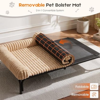 Elevated Dog Bed with Removable Fluffy Pillow Cushion, Raised Pet Cot Washable Bolster, Dog Couch Sofa, Anti Slip Feet, Breathable Mesh, Khaki, 49"×36" - color: khaki, size: XL(49"×36"×8")