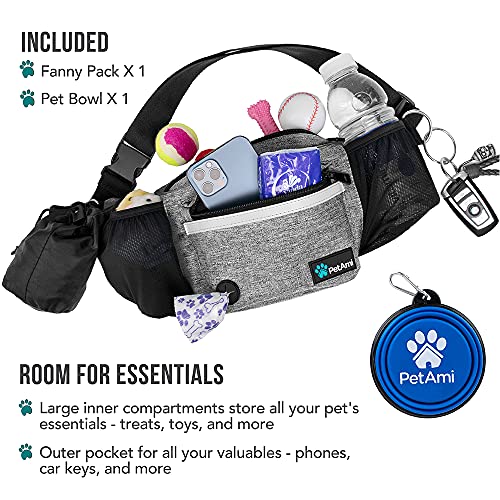 PetAmi Dog Fanny Pack, Treat Pouch for Dog Walking, Training, Built in Poop Bag Dispenser, Water Bottle Holder, Collapsible Bowl, Pet Treat Waist Belt for Hiking, Running, Kibbles (Grey) - color: Heather Grey