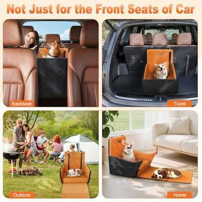 Elevated Dog Car Seat, Dog Booster Car Seats for Small & Medium Breeds Up to 35lbs, Fully Detachable and Washable, Soft Foam Pet Carseat with 2 Storage Pockets & 3 Safety Belts, Black + Brown - color: Black + Brown