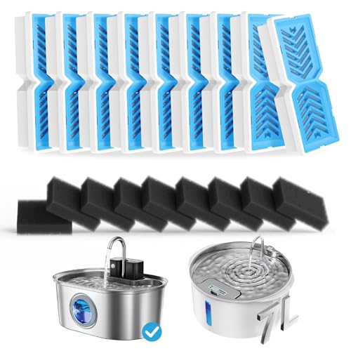 PEKTACO Replacement Water Fountain Filters, Fits 412/418, 3.2L & 7L, 9 Pack | Includes pre-filter sponges, helps trap hair and debris, supports cleaner water flow and routine fountain maintenance