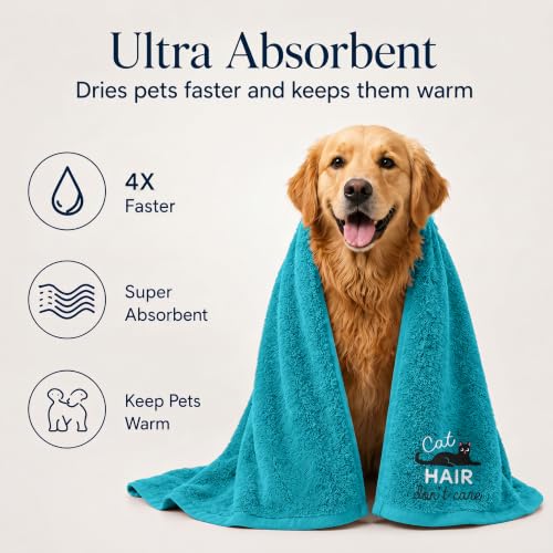 DAN RIVER Dog Towel - Pack of 1, 100% Cotton, 20x40, Ultra Soft 450 GSM, Super Absorbent & Quick Drying Towel for Dogs, Cats, and Other Pets, Teal. - color: Teal-cat Hair